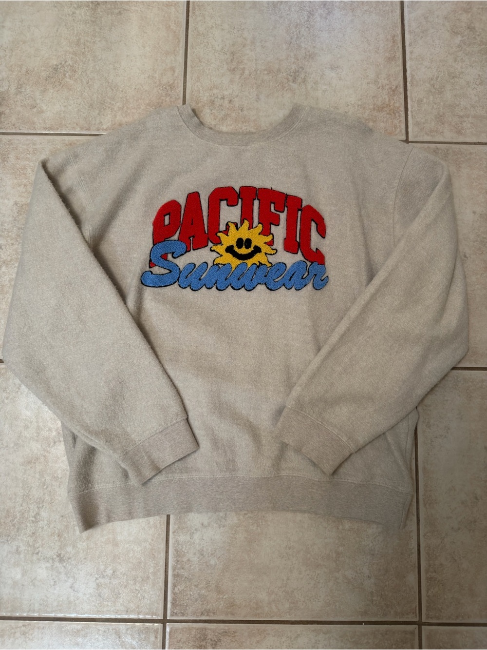 PacSun Beige Crewneck Sweatshirt with Red, Blue and Yellow Logo